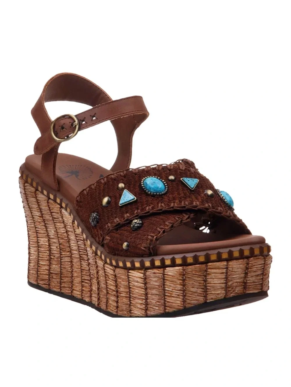 OTBT Cahoot Turquoise Stone Studded Woven Platform Wedge Sandals Sz 7.5